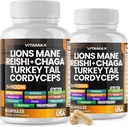 Vitamax Lions Mane Mushroom, Turquía Tail, Chaga & Reishi, Cordyceps Shiitake White Elm King Trumpet Nameko Oyster Porcini Focus &amp; Energy - Made in USA