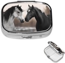 Pill Case with Mirror Retro 2 Compartment Pill Box Negro y Blanco Caballos Pequeños Organizador de Pill para Purse o Pocket Decorative Metal Medicine Vitamin Organizer Regalos Únicos