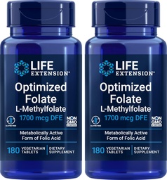 Ampliación de vida Folate optimizado (L-Methylfolate) 1700 mcg DFE, 180 Veg Tablets (Pack of 2)