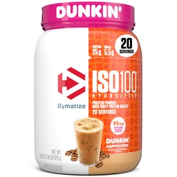 Dymatize x Dunkin' Cappuccino ISO100 Whey Protein Powder, 95mg Caffeine, 25g de Protein5.5g BCAAs, 120 Cal., Gluten Free, 1g Fat, 1g Sugar, 2g Carb (20 Servings)