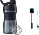BlenderBottle SportMixer Shaker Bottle Perfect for Protein Shakes and Pre Workout, 20-Ounce, Black &amp; 2-in-1 Shaker Bottle and Straw Cleaning Brush, 1 Pack,Gray