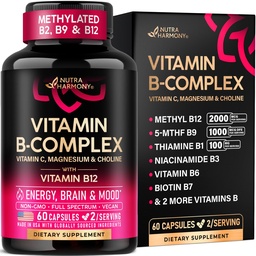 Complejo de vitamina B para hombres y mujeres - Riboflavin B2, B12, B1, B3, B6, B7, B8, B9 tóxico Vitamina C, Choline, Inositol - Suplemento B-Complex - Energía, Cerebro y Corazón - Hecho en EE.UU., 60 cápsulas veganos