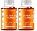 Vitamatic Vitamina D3 Gummies – 5000 UI Per Gummy peru 60 Gummies per Bottle Silencio Pack of 2 (Total 120 Conde) Great Taste ¦ Supports Bone, Teeth, Mood, Joint &amp; Immune Health
