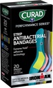 CURAD Performance Series IRONMAN Antibacterial Bandages, Extreme Hold Adhesive Technology, Standard Size Flexible Fabric Bandages for Cuts, Scrapes, " Burns, Assorted Colors, 1 x 3.25 pulgadas, 20 Cuenta