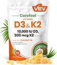 VEV Corefeel Vitamina D3 K2 10,000 UI, 200 mcg MK-7, 300 Coconut Oil Softgels, 2 en 1 Vitaminas Suplemento D & K (Incluir MK7), Fácil de Tragar, soporta la absorción de calcio, Bone Health