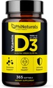 PhiNaturales Vitamina D3 1000iu Softgels Suplemento Base de aceite de oliva 365 Gel Caps Un año de suministro de VIT D, Vitamina D 3 1000 iu