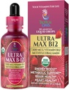 USDA Organic Ultra Max B12 ← Superdose 7500mcg Vitamina B12 Liquid Drops TENIDO B12 como Methylcobalamin habit Max 98% Absorption Rate ← Promueve Energía Vegan, No GMO, Sabor de fresa -4oz