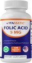 Vitamatic Folic Acid 5mg (5000 mcg) – 120 Tabletas Vegetarianas High Potency Vitamin B9 (Folate) for Cellular Health, Heart Support &amp; Prenatal Care