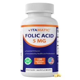 Vitamatic Folic Acid 5mg (5000 mcg) – 120 Tabletas Vegetarianas High Potency Vitamin B9 (Folate) for Cellular Health, Heart Support &amp; Prenatal Care
