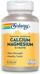 Suplemento de magnesio de calcio SOLARAY, Suplementos de magnesio y calcio para mujeres y hombres, 2:1 Relación, Bone Health &amp; Strength, Vegan, Alta Absorción, Garantía de 60 días, 22 Serviciones, 90 VegCaps