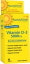 Sunshine Vitamina D-3 5.000 UI, Huesos saludables y fuertes, 30 porciones