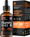 Vitamina Líquida D3 K2 10000 iu &amp; 200 mcg - Vitamina D con gotas MK7 Vitamina K2 - Densidad ósea &amp; Heart Support Vitaminas líquidas para hombres y mujeres, alta absorción Vit K2 D3 Suplemento Vitamina - 2 fl oz
