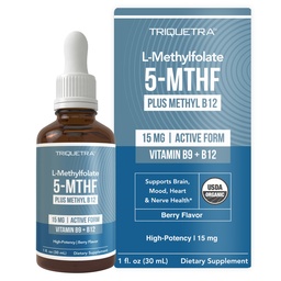 L Methyl Folate 15mg Plus Methyl B12 Cofactor – Organic Berry Flavor, High Potency Liquid Sublingual Active 5-MTHF Form - Supports Mood, Methylation, Cognition – Bioactive Forms Vitamin B9 &amp; B12 (1oz)