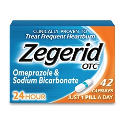 Zegerid OTC, 24-Hour Heartburn Relief, Acid Reflux Medicine and Antacid, Treats Frequent Heartburn, Omeprazole 20mg + Sodium Bicarbonate, Proton Pump Inhibitor (PPI), 42 cápsulas
