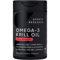 Sports Research Krill Oil Supplement with EPA & DHA Omega 3, Phospholipids & Astaxanthin from Antarctic Krill - Highest Concentration of Krill Oil for Men &amp; Women - 1000mg, 30 Softgel Capsules