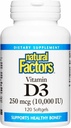Factores naturales Vitamina D3 - Suplemento diario para bonificación &amp; Soporte - Ayudas de suplementos de vitamina D Función del sistema inmunológico saludable - soporta uniones fuertes " rodillas - 120 Softgels (120 piezas)