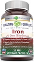 Fórmulas asombrosas Hierro como Iron Bisglycinate 25 Mg Veggie Capsules (No-GMO,Gluten Free) - Apoya el suministro de oxígeno a Tissues & Organs-Helps in The Formation of Hemoglobin ventajaMyoglobin.(90 Veggie Capsules)