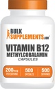 BulkSupplements.com Vitamina B12 Methylcobalamin Capsules - B12 Suplemento de vitamina, B12 200mcg, para el soporte energético - Gluten Gratis, 1 cápsula por servicio, 500 cápsulas (Pack of 1)