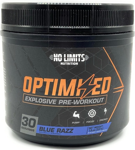 "Optimized" Blue Razz Pre-Workout Powder / Bombas Masivas / Aumentar Masa muscular, Fuerza > Beta Alanine + L-Citrulline + Betaine Anhydrous + Creatine + Caffeine Anhydrous / 30 Servings