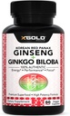 Coreano Panax Ginseng 1200mg + Ginkgo Biloba - Extra Strength Root Extract Powder Suplemento w/High Ginsenosides Vegan Capsules for Energy, Performance & Focus - Suplemento para Hombres y Mujeres
