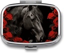 Caballo Negro sobre un fondo de rosas rojas Pill Box 2 Compartimiento Portable Pill Case Daily Square Pill Organizer for Pocket Purse Daily Medicine Container to Hold Vitamins Fish Oil Travel Gifts