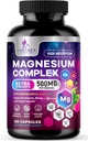 Suplemento Complejo de Magnesio 500 mg - 5 en 1 Gran Absorción Magnesio Chelated Glycinate, Malate, Citrate, Oxide, Aquamin - No GMO Magnesio Capsules, Bone Muscle & Heart Health Support, 120 cápsulas