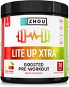 Zhou Lite Up Xtra - Sugar Free Pre Workout Powder for Women &amp; Men, Preworkout Supplement with Caffeine for Clean Energy, Amino Acid Support, Hydrate & Focus, Plant Based - 30 Scoops