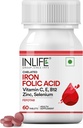 INLIFE Suplemento ácido fólico de hierro colado con vitamina C, E, B12, Zinc &amp; Selenium para hombres Mujeres - 60 Tabletas