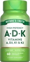 Nature's Truth Vitamin ADK | 60 Softgels | High Potency of Vitamin A, D3, K1 & K2 | Non-GMO & Gluten Free Supplement