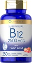 Carlyle Vitamina B12 Sublingual 2500 mcg ← 250 Tablas rápidas de disuelve Silencio Cianocobalamina Suplemento con ácido fólico para adultos Silencio Natural Berry Flavor ← Vegetariano, No GMO, y Gluten Gratis