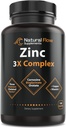 Complejo de suplemento de zinc con cobre y vitamina C - Flujo natural 3X Zinc Carnosina, Chelato Bisglycinate y Orotate, Cobre Zinc Chelated, Fácil en el estómago, Skin e Immune Support, 120 cápsulas