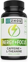 Zhou Energy + Focus - L Theanine Caffeine Pills, 200mg L-Theanine, 100mg Natural Anhydrous Caffeine Boost for Adults, Men &amp; Women, Slow Extended Release - 60 Vegetarian Capsules (Pack of 1)
