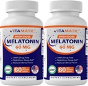 Vitamatic Melatonin 60 mg Fast Dissolve Tablets - 60 Vegan Natural Berry Flavor Tablets - Non-Habit Forming - Non-GMO, Gluten Free (2 Bottles)