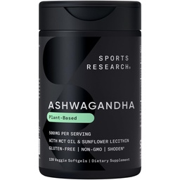 Sports Research® Ashwagandha Softgels with Coconut MCT Oil - Natural Ayurvedic Adaptogen Made with Shoden® Ashwa for Relaxation, Calm &amp; Sleep Support - Gluten Free & Vegan Friendly - 120 Count