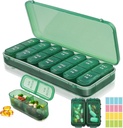 Organizador semanal de píldoras 2 veces al día + 2 kit de organizadores de píldoras desmontables - PM Organizador de píldoras de viaje para la medicina de vitaminas Suplemento aceite de pescado, Green Daily Pill Caso 2 veces al día