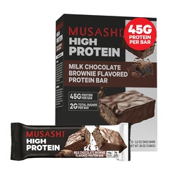 MUSASHI High Protein Bar, 45g Protein, 2g Total Azúcares, Milk Chocolate Brownie, Post Workout y Protein Snack On The Go, 12 Pack of 3.2oz (90g) Bares