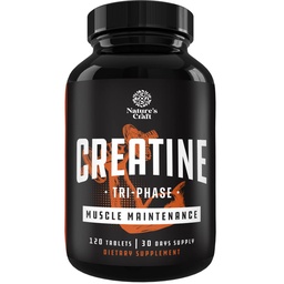 Natures Craft High Strength Tri Phase Creatine Tablets for Women &amp; Hombre - Fórmula Blend of Creatine Monohydrate, 300mg HCL & Pyruvate Supplement - Muscle Mass Gain &amp; Recovery Supplement - 120 Tablets