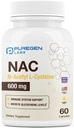 Laboratorios Puregen N-Acetyl-L-Cysteine (NAC) 600mg, soporta inmuno, respiratorio, salud del hígado, NAC 600 mg, apoyo antioxidante potencial, libre radicales, fácil de absorber - 60 cápsulas vegetarianas