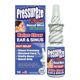 Pressureze Xtra - Natural- Preservative Free - Sterile Nasal Spray - para Severe Sinus Congestion Relief - Opens Blocked Ear Canales, Snoring - 245 Sprays, 34 ml (Pack of 1)