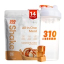310 Nutrición All-in-One Meal Replacement Shake Powder w / Shaker Cup Starter Kit - High Protein Fiber Rich Vegan Superfood Blend - Sin azúcar, Keto & Paleo Friendly, Low Carb - Caramel Sundae 14 srv