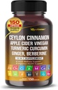 Ceylon Cinnamon Apple Sider Vinegar Turmeric Ginger Root Berberine Gymnema sylvestre Milk Thistle Licorice -150 Capsules- Made in USA