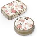 Pill Organizer Pill Box con Mirror Retro Small Pill Case for Purse or Pocket Bronze Pill Box o Vitaminas, Fish Oil, Suplementos, Pill Containe Travel Gifts(2PCS-Retro Pink Floral)