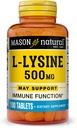 MASON NATURAL L-Lysine 500 mg con Calcio - Función mejorada de inmuno, absorción de nutrientes mejorada, ácido esencial, 100 tabletas