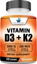 Suplementos Estandares Americanos Vitamina D3 5000 UI (125mcg) Plus Vitamina K2 (MK7) 200mcg Por Cápsula - Gluten Gratis, No-GMO, 120 Cápsulas, 120 Serviciones, 120 Day Supply
