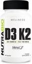 NutraBio Vitamina D3 K2 ← 5000 UI D3 como Cholecalciferol con vitamina K2 como MENA-Q MK7 (180mcg) ← Ayuda Bone and Heart Health ← Non-GMO, Gluten Free, Lactose Free ← 60 cápsulas vegetales
