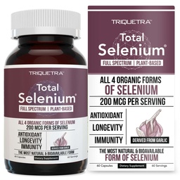Selenio total - 200 mcg, Selenio de base vegetal - Espectrum completo, contiene 4 formas orgánicas esenciales de selenio que incluyen selenomethionina - derivado de ajo - 60 cápsulas