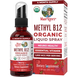 MaryRuth Organics Vitamina B12 Liquid Spray Silencio Vegan, Non-GMO, Gluten-Free TEN USDA Suplemento Orgológico Silencio Energía " Nervous System Support ← B12 Vitaminas para Mujeres " Hombres Silenciosos 1.500 mcg Silencio 1 Fl Oz
