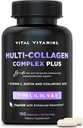 Complejo Multi Collagen Vitaminas Vitales Plus - con Biotina, Ácido Hialurónico, Vitamina C - Tipo I, II, III, V, X - para Hombres Mujer - Pelo, Piel, Piel Complejo de Belleza - 150 cápsulas