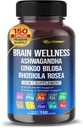 Cerebro Wellness Ginkgo Biloba Rhodiola Cordyceps Chamomile Ashwagandha Gotu Kola Bacopa Rosemary Holy Basil Black Pepper -150 Capsules- Made in USA