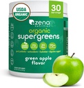Zena Nutrition Organic Super Greens Powder, 70+ Superfoods, 0 Sugar, 3G Fiber, Spirulina, Clorella, Antioxidantes, Prebióticos/Probióticos, Enzimas Digestivos, Manzana Verde, 30 Servings